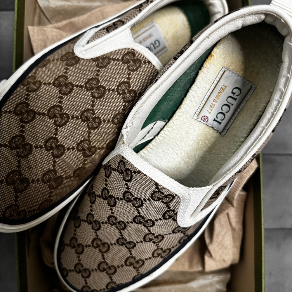 Gucci Beige Brown GG Canvas Slip-On Loafers with White Trim